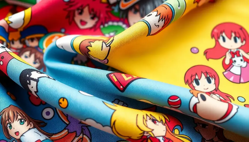 A close view of anime-themed fabric with character designs in a vibrant mix of materials.