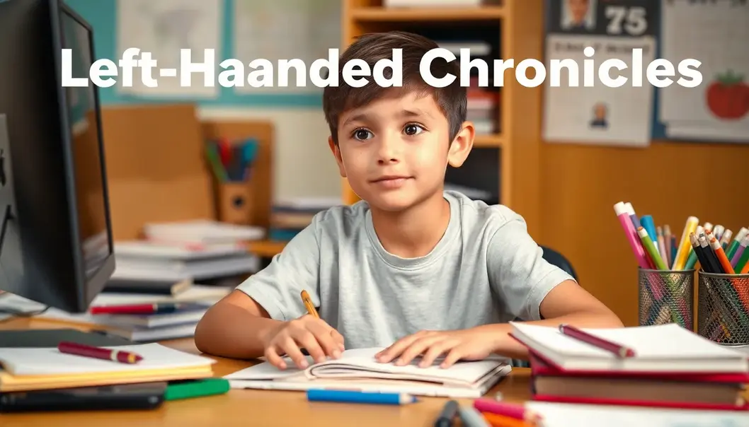 A left-handed student at a desk with various study materials, expressing creativity.