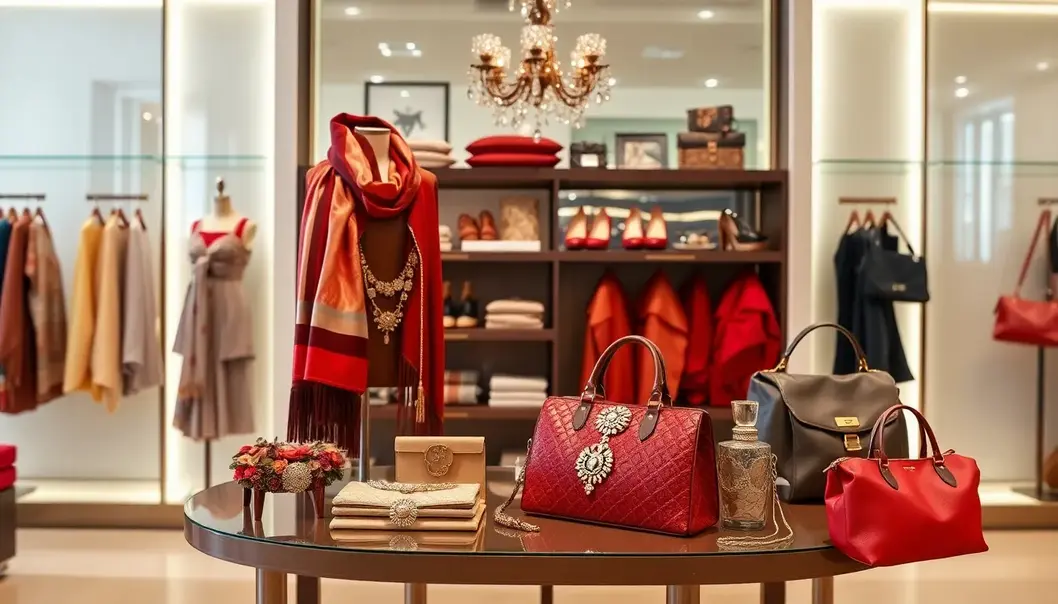 A boutique display with luxury seasonal accessories such as scarves, jewelry, and handbags under elegant lighting.