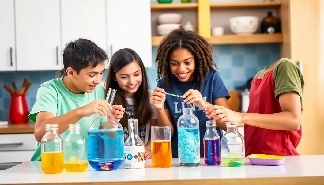 Teenagers conducting an exciting science experiment in a kitchen.