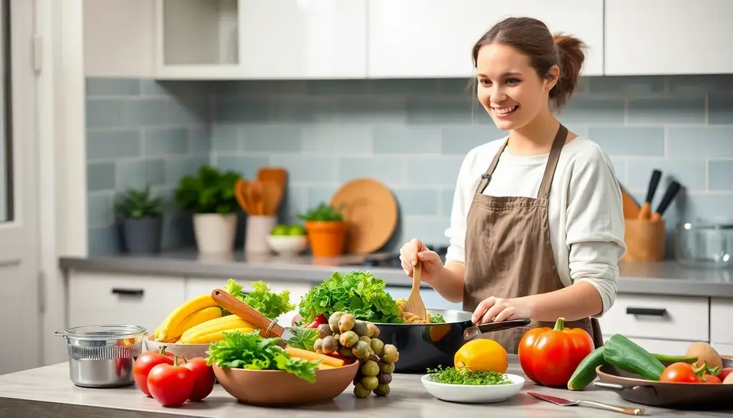 A young adult in a modern kitchen setting, using fresh ingredients to prepare a plant-based meal.